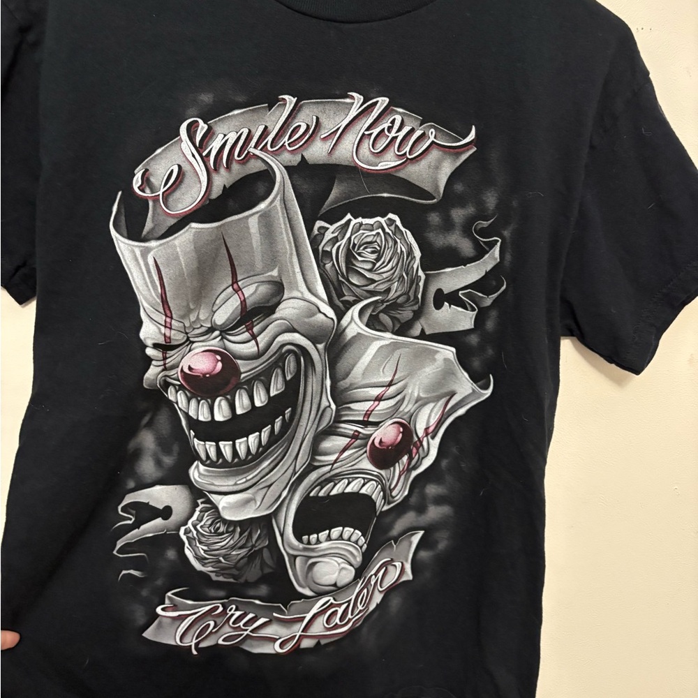 Black Short Sleeve Tee with Edgy Clown Graphic